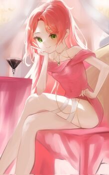  1girl chair closed_mouth cocktail_glass commentary crossed_legs cup dress drinking_glass elbow_on_knee elbow_rest feet_out_of_frame forehead green_eyes hanako_nana hand_on_own_face hand_rest highres karyou_dayo legs long_hair looking_at_viewer off-shoulder_dress off_shoulder on_chair pink_dress pink_hair side_slit sitting smile solo stellive symbol-only_commentary thigh_strap v very_long_hair virtual_youtuber 