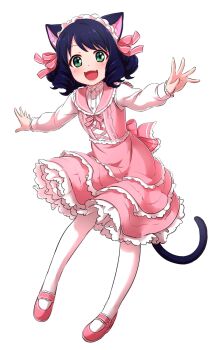  1girl :3 :d accurate_lolita_coord animal_ears back_bow bad_id bad_twitter_id blue_hair blush bow cat_ears cat_girl cat_tail cyan_(show_by_rock!!) dot_nose dress fangs female_focus frilled_dress frills full_body green_eyes hair_ribbon highres lolita_fashion long_sleeves mary_janes medium_hair open_mouth outstretched_arms pantyhose pink_dress pink_ribbon pink_shoes ribbon sekina shoes show_by_rock!! simple_background smile solo spread_arms tail white_background white_pantyhose  rating:Sensitive score:13 user:danbooru
