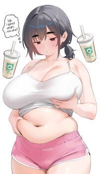  1girl absurdres belly_grab black_hair breasts cleavage closed_mouth commentary_request cowboy_shot cup dolphin_shorts english_text half-closed_eyes highres huge_breasts judies_(judynharmonia) looking_down navel original pink_shorts plump ponytail short_shorts shorts sidelocks solo speech_bubble sweatdrop thick_eyebrows thick_thighs thighs thought_bubble weight_conscious white_background 