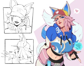  1girl 2xko ahri_(league_of_legends) animal_ears baseball_cap belt breasts facial_mark fox_ears fox_girl fox_tail green_(greeniris) hat heart highres large_breasts league_of_legends long_hair looking_at_viewer navel official_alternate_costume pink_hair smile solo stomach tail whisker_markings 