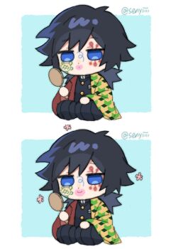  1boy absurdres black_hair black_jacket blue_eyes closed_mouth demon_slayer_uniform drawing_on_another's_face haori highres holding holding_mirror jacket japanese_clothes kimetsu_no_yaiba long_hair male_focus mirror pants ponytail print_haori seiza senyiiii sitting smile spiked_hair tomioka_giyuu 