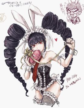  1_3d4 1boy 1girl animal_ears bare_shoulders black_hair black_leotard black_nails breasts celestia_ludenberg center_frills chibi commentary_request danganronpa:_trigger_happy_havoc danganronpa_(series) drill_hair fake_animal_ears fake_tail fishnet_thighhighs fishnets frilled_thighhighs frills heart highres holding ishimaru_kiyotaka large_breasts leotard long_hair playboy_bunny rabbit_ears rabbit_tail red_eyes solo_focus tail thighhighs twin_drills twintails wrist_cuffs 