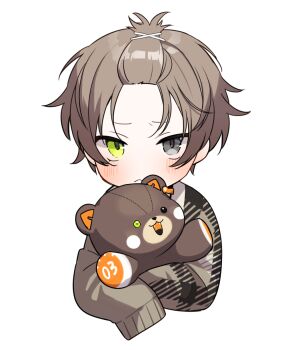  1boy :c alban_knox alban_knox_(3rd_costume) bangs_pinned_back blush brown_hair brown_jacket chibi commentary_request cropped_torso frown green_eyes grey_eyes heterochromia highres holding holding_stuffed_toy jacket looking_at_viewer male_focus nana72710193 nijisanji nijisanji_en short_hair simple_background sleeves_past_fingers sleeves_past_wrists solo stuffed_animal stuffed_toy teddy_bear white_background 