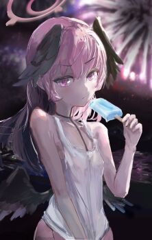  absurdres aerial_fireworks alternate_costume black_wings blue_archive blush commentary_request feathered_wings fireworks food halo head_wings highres hira15623 koharu_(blue_archive) looking_at_viewer low_wings night night_sky pink_eyes pink_hair pink_halo popsicle sky tank_top water white_tank_top winged_halo wings 