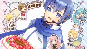  >_< 2boys 4girls :d anniversary bare_shoulders black_sailor_collar black_shirt black_shorts black_skirt black_sleeves blonde_hair blue_eyes blue_hair blue_necktie blush brother_and_sister brown_eyes brown_hair cake chibi commentary_request detached_sleeves dutch_angle food green_hair grey_shirt hair_between_eyes hair_ornament hair_ribbon hairclip hatsune_miku headphones headset jacket kagamine_len kagamine_rin kaito_(vocaloid) kaito_(vocaloid3) kou_hiyoyo long_hair long_sleeves megurine_luka meiko_(vocaloid) meiko_(vocaloid3) midriff mini_person miniboy minigirl multiple_boys multiple_girls navel necktie open_mouth pink_hair pleated_skirt red_skirt ribbon sailor_collar shirt short_hair shorts siblings skirt sleeveless sleeveless_shirt smile swept_bangs tie_clip twintails very_long_hair vocaloid white_jacket white_ribbon white_shirt xd 