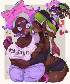  2girls arm_tattoo arowana_(gelatako) bad_link bad_twitter_link bike_shorts blush bow-shaped_hair breasts chibi chibi_inset closed_eyes colored_fingertips colored_tongue dark_skin genderswap genderswap_(mtf) grabbing_another's_belly green_hair green_tongue hair_behind_ear headband highres huge_breasts inkling inkling_girl inkling_player_character licking licking_another's_cheek licking_another's_face long_hair long_pointy_ears medium_hair multicolored_hair multiple_girls nanimaroom neck_tattoo nintendo octoling octoling_girl octoling_player_character pants panty_straps piercing pink_eyes pink_hair pink_pants plug_(piercing) plump pointy_ears sakuya_(nanimaroom) short_eyebrows shoulder_tattoo simple_background splatoon_(series) tattoo tentacle_hair thick_eyebrows tongue_piercing two-tone_hair very_dark_skin 