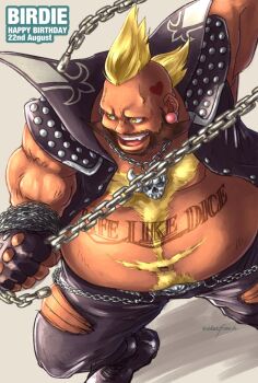  1boy angie_(kani-ga-tobuna) beard big_belly birdie_(street_fighter) chain chest_tuft facial_hair fat fat_man fighting_stance fingerless_gloves gloves male_focus mohawk multiple_girls muscular muscular_male navel navel_hair solo street_fighter street_fighter_i thick_beard thick_navel_hair 