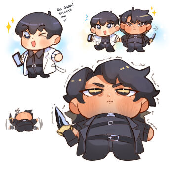  >_< 2boys black_coat black_hair black_shirt chibi chibi_only coat collared_shirt commentary english_commentary full_body highres holding holding_hands holding_phone holding_sword holding_weapon kim_dokja lumolyv male_focus motion_lines multiple_boys omniscient_reader's_viewpoint one_eye_closed open_clothes open_coat phone popped_collar shirt short_hair star-shaped_pupils star_(symbol) sword symbol-shaped_pupils weapon white_coat yoo_joonghyuk 