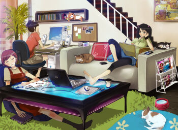  3girls barefoot black_hair blush brown_hair cat computer computer_keyboard couch mp3_player dog dragon_quest drawing_(action) drawing_tablet feet indoors ipod ipod_classic laptop leggings long_hair lying multiple_girls rilakkuma san-x shigureteki short_hair sleeping slice_of_life slime_(creature) slime_(dragon_quest) socks  rating:Sensitive score:7 user:danbooru
