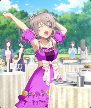  5girls arm_behind_head armpits arms_up bare_shoulders black_dress blue_dress blue_jacket blue_sky bottle bow brown_hair champagne_bottle champagne_flute clenched_hand cloud cup day detached_sleeves dress drinking_glass faceless faceless_female flower food formal_clothes game_cg hair_ornament halterneck jacket jewelry medium_hair multiple_girls necklace official_art one_eye_closed open_clothes open_jacket open_mouth outdoors outstretched_arm pearl_hairband pearl_necklace plate plate_stack purple_dress purple_eyes purple_flower purple_rose purple_sleeves ribbon rose round_table scissors shichinosato_kofuki short_sleeves sidelocks skull_hair_ornament sky solo_focus strapless strapless_dress table tablecloth tearing_up third-party_source toji_no_miko toji_no_miko:_kizamishi_issen_no_tomoshibi tongs tray tree twintails white_bow white_ribbon wine_bottle yawning yellow_flower yellow_rose 