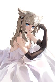  1girl absurdres alternate_costume arknights arknights:_endfield artist_name bare_shoulders black_choker black_gloves blue_eyes breasts brown_hair choker cleavage commentary dress english_commentary erikvarts gloves head_wings highres large_breasts long_hair perlica_(arknights) pointy_ears simple_background smile solo strapless strapless_dress wedding_dress white_background white_dress wings 