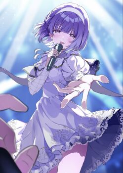  1girl 1other blush commentary_request dress frilled_dress frills gakuen_idolmaster hairband hataya_misuzu highres holding holding_microphone idolmaster looking_at_viewer microphone mole mole_under_mouth nyorotono_(amafurashi) official_alternate_costume open_mouth outstretched_arm outstretched_hand pov pov_hands purple_eyes purple_hair reaching reaching_towards_viewer short_hair smile solo white_dress white_hairband 