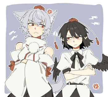  2girls anger_vein angry animal_ear_fluff animal_ears bird_wings black_bow black_bowtie black_hair black_skirt black_wings bow bowtie breasts closed_mouth collared_shirt commentary_request crossed_arms detached_sleeves eye_contact frown grey_hair hat height_difference highres inubashiri_momiji lightning_glare looking_at_another multiple_girls pointy_ears pom_pom_(clothes) puffy_short_sleeves puffy_sleeves red_eyes red_hat sakic43899 shameimaru_aya shirt short_hair short_sleeves skirt tail tokin_hat touhou white_shirt wings wolf_ears wolf_girl wolf_tail 
