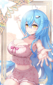  1girl ahoge blue_hair breasts camisole character_hair_ornament cleavage closed_mouth colored_tips commentary_request crossed_bangs daifuku_(yukihana_lamy) double-parted_bangs frilled_camisole frilled_skirt frills hair_between_eyes hair_ornament hairclip heart heart_ahoge highres hololive large_breasts long_hair looking_at_viewer messy_hair midriff miniskirt_pirates multicolored_hair nail_polish navel offering_hand official_alternate_costume official_alternate_hairstyle outside_border pink_nails pointy_ears polka_dot polka_dot_camisole polka_dot_skirt reaching reaching_towards_viewer reiwa_rerere skirt sleepwear smile solo streaked_hair very_long_hair virtual_youtuber white_camisole white_skirt wrist_cuffs yellow_eyes yukihana_lamy yukihana_lamy_(roomwear) 