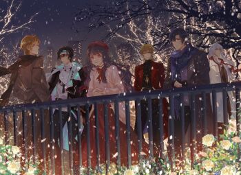  1boy 5boys against_railing alkaid_mcgrath alkaid_mcgrath_(corridor_of_fate) ayn_alwyn ayn_alwyn_(corridor_of_fate) bare_tree beret black_coat black_gloves black_hair black_jacket black_pants black_sweater black_sweater_vest blonde_hair blue_eyes blue_hair blue_headband blue_scarf bow bowtie braid brown_coat brown_scarf building cael_anselm cael_anselm_(corridor_of_fate) camera cardigan chinese_commentary clarence_clayden clarence_clayden_(corridor_of_fate) closed_mouth coat commentary_request curtained_hair feather_necklace feet_out_of_frame flower gloves green_eyes hair_between_eyes half_updo hat headband heroine_(lovebrush_chronicles) highres holding holding_camera hotaru_gugugu iridescent_clothes jacket jewelry lapels lars_rorschach lars_rorschach_(corridor_of_fate) long_hair long_skirt long_sleeves looking_ahead looking_at_viewer looking_back looking_up lovebrush_chronicles medium_hair multiple_boys necklace night notched_lapels open_clothes open_coat open_jacket outdoors own_hands_together pants parted_lips purple_eyes purple_sweater railing red_bow red_bowtie red_coat red_eyes red_hat red_scarf red_skirt rose scarf shirt short_hair shoulder_belt side_braid skirt skyscraper smile snowing sparkle standing sweater sweater_vest tree turtleneck turtleneck_sweater two-sided_fabric two-sided_jacket very_long_hair wavy_hair white_cardigan white_coat white_flower white_hair white_rose white_shirt white_sweater winter_clothes 