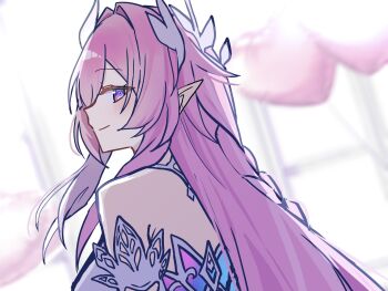  1girl balloon bare_shoulders blurry blurry_background breasts closed_mouth commentary cyrene_(demiurge)_(honkai:_star_rail) cyrene_(honkai:_star_rail) from_side h2o_omizu hair_intakes heart_balloon highres honkai:_star_rail honkai_(series) light_blush long_hair looking_at_viewer looking_to_the_side medium_breasts pink_hair pointy_ears portrait purple_eyes sideways_glance sideways_mouth smile solo 