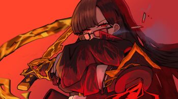  1girl black_coat black_gloves black_hair blood blood_sword bob_cut cigarette coat commentary_request contempt_awe_(e.g.o) covered_mouth e.g.o_(project_moon) eye_trail gloves hemokinesis highres holding holding_sword holding_weapon jacket korean_commentary light_trail limbus_company long_hair long_sleeves looking_at_viewer project_moon red_background red_eyes ryoshu_(project_moon) shirt short_hair simple_background slit_pupils smoke solo stainlesspanty sunglasses sword weapon white_shirt 