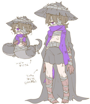 1boy :< absurdres aged_down alternate_costume arrow_(symbol) bags_under_eyes bandage_on_face bandage_over_one_eye bandaged_arm bandaged_foot bandaged_head bandaged_leg bandaged_tail bandaged_torso bandages barefoot black_scales brown_hair cape chibi child colored_extremities colored_skin covered_mouth facial_hair fingernails flying_sweatdrops full_body gregor_(project_moon) grey_sash hat heishou_pack-si_branch_(identity)_(project_moon) highres japanese_clothes jingasa jitome lamia_boy lily26983455 limbus_company long_hair looking_ahead looking_at_viewer male_focus midriff monster_boy multicolored_skin multiple_views navel one_eye_covered parted_lips ponytail project_moon purple_eyes purple_hands purple_scales purple_scarf purple_skin sarashi sash scale_print scales scarf scarf_over_mouth sharp_fingernails sharp_toenails shirt shorts simple_background slit_pupils snake_tail solo standing striped_clothes stubble sweat sweatdrop tail toenails topless_male torn_cape torn_clothes two-tone_skin veins veiny_arms veiny_legs waist_sash white_background