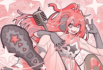  1girl \m/ android bare_shoulders commentary dress earmuffs eerieelixir english_commentary fang gloves grey_gloves grey_shoes halftone halftone_background highres holding holding_microphone holding_microphone_stand joints legs_up long_hair looking_at_viewer microphone microphone_stand open_mouth pink_background pink_dress pink_eyes pink_hair pink_theme robot_joints see-through_dress_layer sf-a2_miki sf-a2_miki_(ai_miki) shoe_soles shoes skin_fang sleeveless sleeveless_dress smile solo star-shaped_pupils star_(symbol) string_around_finger symbol-shaped_pupils synthesizer_v two-tone_dress vintage_microphone vocaloid white_dress 