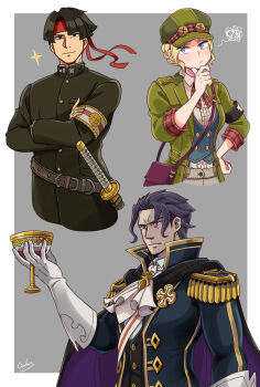  1girl 2boys :/ absurdres ace_attorney apron armband bag barok_van_zieks black_cape black_eyes black_hair black_jacket black_vest blonde_hair blue_eyes blue_vest braid breasts cape chalice commentary crossed_arms cup elbow_gloves english_commentary epaulettes gakuran galois gina_lestrade gloves green_jacket hachimaki hand_on_own_chin handbag headband highres holding holding_cup jacket katana kazuma_asogi mature_eyes mature_male medium_breasts multiple_boys red_headband school_uniform see-through_clothes signature smile sparkle squiggle suspenders sword the_great_ace_attorney thinking two-sided_cape two-sided_fabric vest weapon white_apron white_gloves 