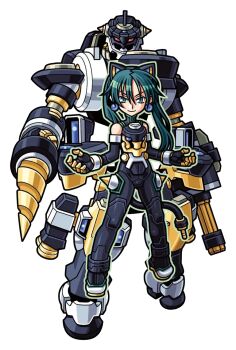  1girl animal_ears armor black_armor black_bodysuit black_tail bodysuit closed_mouth detached_sleeves drill earrings fake_animal_ears gatling_gun gauntlets gold_armor gold_trim green_eyes green_hair green_trim hair_between_eyes harakawa_mitsuhiro jewelry light_smile long_hair mecha mecha_musume multicolored_armor official_art pygmalion red_eyes robot shinrabanshou third-party_source transparent_background twintails 