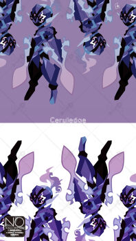  arm_blade armor ceruledge commentary_request eye_trail fire highres light_trail meme_(sleepsheep) multiple_others nintendo pokemon pokemon_(creature) pokemon_focus purple_eyes purple_fire weapon 