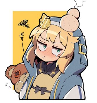  1boy androgyne_symbol black_gloves blonde_hair blue_jacket blush bridget_(guilty_gear) closed_mouth cropped_torso double-parted_bangs fingerless_gloves gloves green_eyes guilty_gear guilty_gear_strive head_bump hood hood_up hooded_jacket itsuka_neru jacket long_sleeves looking_at_viewer male_focus open_clothes open_jacket pout roger_(guilty_gear) sanpaku shirt short_hair single_tear solo_focus squiggle stuffed_animal stuffed_toy teddy_bear trap yellow_shirt 