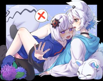  2girls @_@ animal_ears bean_bag_chair black_boots black_border black_pantyhose black_shorts blue_hoodie blush boots border cevio choker coko_(cevio) commentary_request ear_piercing embarrassed fang flower flying_sweatdrops fourth_wall hair_ornament hibiscus highres hood hooded_jacket hoodie hydrangea jacket kamitsubaki_studio kneeling long_sleeves looking_at_another looking_at_viewer multicolored_eyes multiple_girls open_clothes open_jacket open_mouth outside_border pantyhose piercing pink_shorts purple_eyes qiukui rime_(cevio) shirt short_hair shorts sideways_mouth spoken_x stuffed_animal stuffed_toy twitter_username v-shaped_eyebrows yuri 