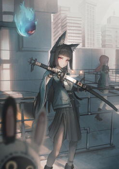  2girls absurdres animal_ear_fluff animal_ears black_gloves black_necktie black_skirt dress_shirt eous_(zenless_zone_zero) fingerless_gloves fox_ears fox_girl gloves green_jacket high-waist_skirt highres holding holding_sword holding_weapon hoshimi_miyabi ivr-dct-9 jacket katana long_hair looking_at_viewer multiple_girls necktie outdoors pink_hair red_eyes serious shirt single_fingerless_glove skirt solo_focus sword tailless_(zenless_zone_zero) tsukishiro_yanagi walking weapon zenless_zone_zero 