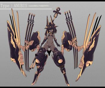  1girl animal_ears armor bikini_armor black_hair closed_mouth colored_inner_hair commentary_request crotch_plate dark-skinned_female dark_skin eyebrows_hidden_by_hair fake_animal_ears flat_chest full_body gauntlets gluteal_fold highres hisui_(syarute) holding holding_staff looking_at_viewer mechanical_legs mechanical_wings multicolored_hair multiple_swords navel original short_hair solo staff stomach wings 