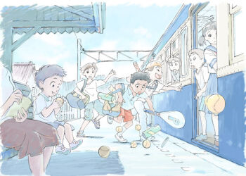  2girls 6+boys ankle_socks archived_source backwards_hat bag ball barrel_bag bench black_eyes black_hair blouse blue_bag blue_sailor_collar blue_shirt blue_shorts blue_skirt blue_sky blue_sleeves blue_theme book brown_bag brown_skirt buckle buttons cargo_pants child closed_eyes closed_mouth collared_shirt commentary_request cool_colored crew_neck dark-skinned_male dark_skin day duffel_bag fence frown gable_roof grey_sandals hat hiramatsu_tadashi holding holding_bag holding_book holding_tennis_racket lid medium_skirt multiple_boys multiple_girls multiple_unit_train neckerchief on_bench open_book open_door open_mouth orange_hat original outdoors pants picket_fence pleated_skirt polo_shirt racket red_neckerchief red_shorts rooftop running sailor_collar sandals school_uniform serafuku shirt shoes short_sleeves shorts sitting skirt sky sleeve_cuffs sneakers socks summer_uniform t-shirt tennis_ball tennis_racket tongue train train_station train_station_platform twintails two-tone_bag v-shaped_eyebrows white_shirt white_shoes white_sleeves wing_collar wooden_fence 