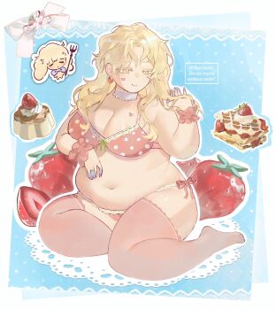  1girl alien_stage alternate_body_size artist_name blonde_hair blue_background border bow bow_panties bra breasts cleavage closed_mouth earrings english_text fancylxncy fat food food-themed_earrings food_themed_earrings fruit full_body half-closed_eyes highres jewelry large_breasts long_hair luka_(alien_stage) navel outline outside_border panties pink_bra pink_panties polka_dot ring sitting strawberry strawberry_earrings stretch_marks thick_thighs thighhighs thighs twitter_username underwear underwear_only white_border white_outline yellow_eyes 