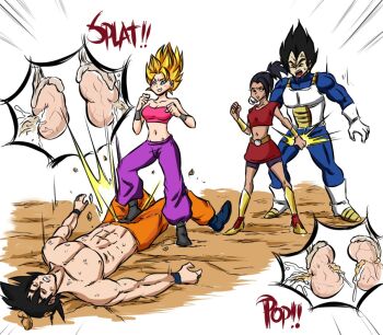  2boys 2girls ball_busting caulifla dragon_ball dragon_ball_super femdom kale_(dragon_ball) lying multiple_boys multiple_girls ocigart on_back on_ground squeezing_testicles stepped_on testicles vegeta 
