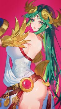  1girl ancient_greek_clothes armlet ass breasts chain chiton circlet commentary_request forehead_jewel gold_chain greco-roman_clothes green_eyes green_hair highres jewelry kid_icarus kid_icarus_uprising large_breasts laurel_crown long_hair neck_ring nintendo palutena parted_bangs parted_lips smile solo vambraces very_long_hair yasaikakiage 