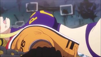  1girl animated anime_screenshot blonde_hair breasts breath curvy double_bun eyelashes freckles goggles goggles_on_head hair_bun headphones highres jacket large_breasts lying on_back one_piece open_clothes open_jacket open_mouth ryona solo tagme talking toei_company twintails vegapunk_york video wide_hips 