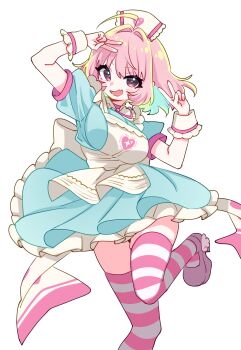  1girl absurdres ahoge aqua_dress aqua_hair blush breasts choker colored_inner_hair commentary_request double_v dress fang fanged_bangs hair_intakes hat heart heart_print highres huge_breasts idolmaster idolmaster_cinderella_girls idolmaster_cinderella_girls_starlight_stage looking_at_viewer medium_hair multicolored_hair multicolored_thighhighs nurse_cap open_mouth pink_choker pink_eyes pink_hair pink_shoes pink_thighhighs shoes short_sleeves simple_background skin_fang smile solo striped_clothes striped_thighhighs sukoyaka_(100hituzi) thighhighs thighs two-tone_hair two-tone_thighhighs v white_background white_wrist_cuffs winged_shoes wings wrist_cuffs yumemi_riamu 