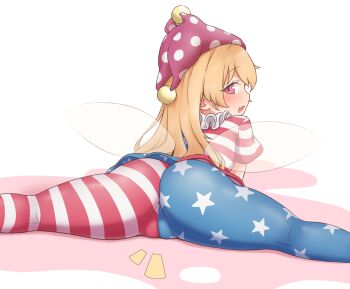  1girl american_flag_dress american_flag_legwear ass blonde_hair blush cameltoe clownpiece dress fairy_wings from_behind hat highres jester_cap loli long_hair looking_at_viewer looking_back neck_ruff open_mouth pantyhose polka_dot purple_hat red_eyes samukaze short_sleeves simple_background smile solo split star_(symbol) star_print striped_clothes touhou transparent_wings very_long_hair white_background wings  rating:Sensitive score:101 user:SassyLoliCorrector
