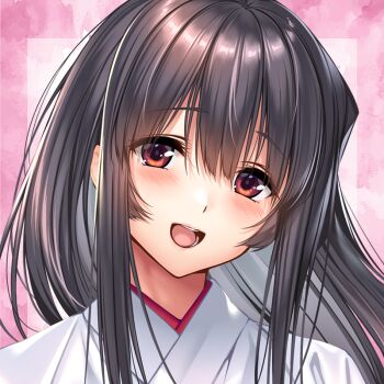  1girl :d amakano_~second_season~ black_hair blush brown_eyes commentary_request cropped eyes_visible_through_hair hair_between_eyes kosode long_hair looking_at_viewer official_art open_mouth pink_background piromizu smile solo takayashiro_yuzuka teeth 