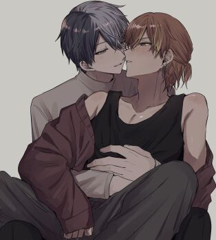 2boys aoyagi_touya bare_shoulders black_pants black_tank_top blush commentary_request earrings green_eyes grey_eyes hands_on_another's_stomach highres jacket jewelry light_smile long_sleeves looking_at_another male_focus multicolored_hair multiple_boys panko_kome pants ponytail project_sekai red_jacket shinonome_akito short_ponytail sitting sitting_on_lap sitting_on_person tank_top teeth white_background yaoi