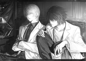  2boys 8knff breast_pocket coat collared_shirt commentary_request couch death_note greyscale hand_on_own_knee highres indoors jacket knees_up l_(death_note) lamp lapels long_sleeves looking_to_the_side male_focus monochrome multiple_boys necktie notched_lapels open_clothes open_jacket pants parted_lips pocket shirt sideways_glance sitting suit_jacket wing_collar yagami_light 