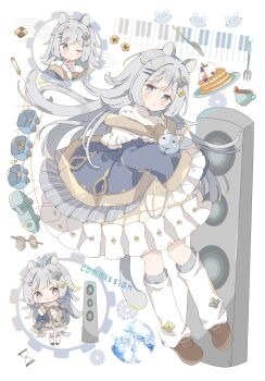  1girl :o ;) absurdres animal animal_ears blue_dress blush brown_shoes chibi closed_mouth commentary commission crayon cup dress flower food frilled_dress frilled_sleeves frills full_body grey_eyes grey_hair hair_flower hair_intakes hair_ornament hairclip highres holding holding_animal instrument keyboard_(instrument) kneehighs knife long_hair long_sleeves looking_at_viewer multiple_views one_eye_closed open_mouth original pancake pancake_stack parallel_hairclips plate shoes skeb_commission sleeves_past_fingers sleeves_past_wrists smile socks standing tail tea teacup toy_train tsukiyo_(skymint) weasel weasel_ears weasel_girl weasel_tail white_socks 