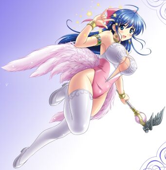  1girl angel_leotard artist_request blue_eyes blue_hair bow bracelet breasts cleavage dragon_quest dragon_quest_v earrings flora_(dq5) half_updo jewelry large_breasts legs leotard long_hair matching_hair/eyes nakajima_akihiko pink_bow ribbon scepter simple_background smile solo thighhighs wand wings  rating:Sensitive score:15 user:Kyng