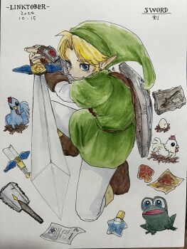  1boy 2024 belt biggoron_sword bird bird_nest blonde_hair boots broken broken_sword broken_weapon chicken cojiro_(zelda) cucco egg eyeball_frog frog gauntlets giant's_knife hat highres holding holding_sword holding_weapon kneeling link looking_at_viewer mushroom nana_mochi777 nest nintendo painting_(medium) saw shield shield_on_back smile solo stone_tablet sword the_legend_of_zelda the_legend_of_zelda:_ocarina_of_time traditional_media tunic watercolor watercolor_(medium) weapon 