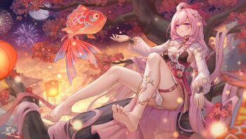  1girl :d absurdres aerial_fireworks architecture barefoot breasts cherry_blossoms chinese_clothes chinese_commentary cleavage clothes_between_thighs clothing_cutout commentary_request convenient_skirt cutout_above_navel east_asian_architecture elf elysia_(herrscher_of_human:_ego)_(honkai_impact) elysia_(honkai_impact) elysia_(peachy_spring)_(honkai_impact) feet fireworks flower full_body full_moon grin hair_flower hair_ornament highres honkai_(series) honkai_impact_3rd lantern legs long_hair long_sleeves moon night open_mouth outdoors petals pink_eyes pink_flower pink_hair pointy_ears sky smile soles solo teeth temple thighs toes tree very_long_hair yelan_xing_xuan 
