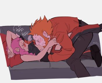  1boy 1girl arm_above_head beard black_pants blush closed_eyes clothes_lift commentary couch couple english_commentary facial_hair foreplay heavy_breathing hetero highres kissing_stomach leg_up looking_at_viewer lying lynn_(daisiloou) lysandre_(pokemon) malva_(pokemon) nintendo on_back on_couch orange_hair pants parted_lips pink_hair pokemon pokemon_xy red-tinted_eyewear red_pants red_shirt shirt shirt_lift shirt_tucked_in spiked_hair sunglasses sweat tinted_eyewear two-tone_pants white_background 