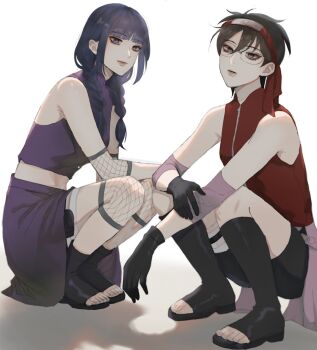  2girls bike_shorts black_eyes black_gloves black_hair black_shorts blue_eyes boots boruto:_two_blue_vortex braid breasts cosplay crop_top fishnets forehead_protector glasses gloves hairband haruno_sakura haruno_sakura_(cosplay) ifevilwhyuhot kakei_sumire knee_boots low_twin_braids medium_breasts midriff multiple_girls naruto_(series) naruto_shippuuden open-toe_boots pouch purple_skirt red_hairband red_vest short_hair shorts skirt squatting thigh_pouch twin_braids uchiha_sarada vest yamanaka_ino yamanaka_ino_(cosplay) 