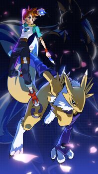  2girls animal_ears animal_nose arm_support arm_up armor belt black_bodysuit black_claws black_sclera blue_eyes blue_sleeves body_fur bodysuit breasts broken_heart broken_heart_print brown_hair capri_pants card cherry_blossoms claws colored_sclera commentary_request covered_eyes d-ark denim detached_sleeves digimon digimon_(creature) digimon_tamers digivice falling_petals floating_hair fox_ears fox_girl fox_mask fox_tail full_body furry furry_female grey_hair heart highres holding holding_card jeans long_hair looking_at_viewer makino_ruki mask medium_breasts multiple_girls neck_fur outstretched_arm pants parted_lips petals ponytail primejr purple_eyes purple_lips purple_sleeves raglan_sleeves red_shoes renamon sakuyamon shirt shoes short_hair short_sleeves shoulder_armor sidelocks silhouette small_breasts snout socks standing standing_on_one_leg tail thigh_belt thigh_strap two-tone_fur variant_set very_long_hair white_fur white_shirt white_socks wristband yellow_armor yellow_fur yellow_mask yin_yang yin_yang_print 