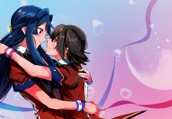  2girls black_hair blue_eyes brown_hair comiket_99 eye_contact face-to-face from_side half_updo highres hug idolmaster idolmaster_million_live! idolmaster_million_live!_theater_days jacket jink kasuga_mirai long_hair looking_at_another miko_embrace mogami_shizuka multiple_girls official_alternate_costume one_side_up profile red_jacket shiny_trinity_(idolmaster) short_hair short_sleeves yellow_eyes yuri 