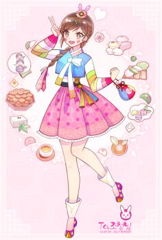  1girl :d alternate_costume alternate_hairstyle artist_name bag beoseon blush braid brown_eyes brown_hair commentary d.va_(overwatch) danghye facepaint facial_mark female_focus food full_body hair_ornament hair_over_shoulder hair_ribbon hanbok hands_up holding hwajeon jelly_burger kinchaku kkul_tteok korean_clothes leg_up long_hair long_sleeves looking_at_viewer multicolored_stripes nail_polish open_mouth overwatch overwatch_1 palanquin_d.va pink_skirt pouch rabbit_hair_ornament ribbon round_teeth shoes single_braid skirt smile socks solo songpyeon standing standing_on_one_leg striped_sleeves sweets swept_bangs tassel teeth tteok upper_teeth_only w whisker_markings white_socks yakgwa 