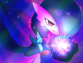 1girl alternate_color blue_background blue_hair blue_skin blue_theme bob_cut choice_scarf chromatic_aberration closed_mouth colored_skin dutch_angle energy_ball female_focus flat_chest gardevoir gen_3_pokemon glowing hair_over_one_eye half-closed_eyes hands_up happy heart jitome looking_at_viewer moonblast_(pokemon) multicolored_skin nintendo one_eye_covered outline pokemon pokemon_(creature) pokemon_move red_eyes red_outline shiny_pokemon short_hair smile solo sparkle split_mouth standing tongue tongue_out two-tone_skin white_skin wristband yuri_(fl0werspace)